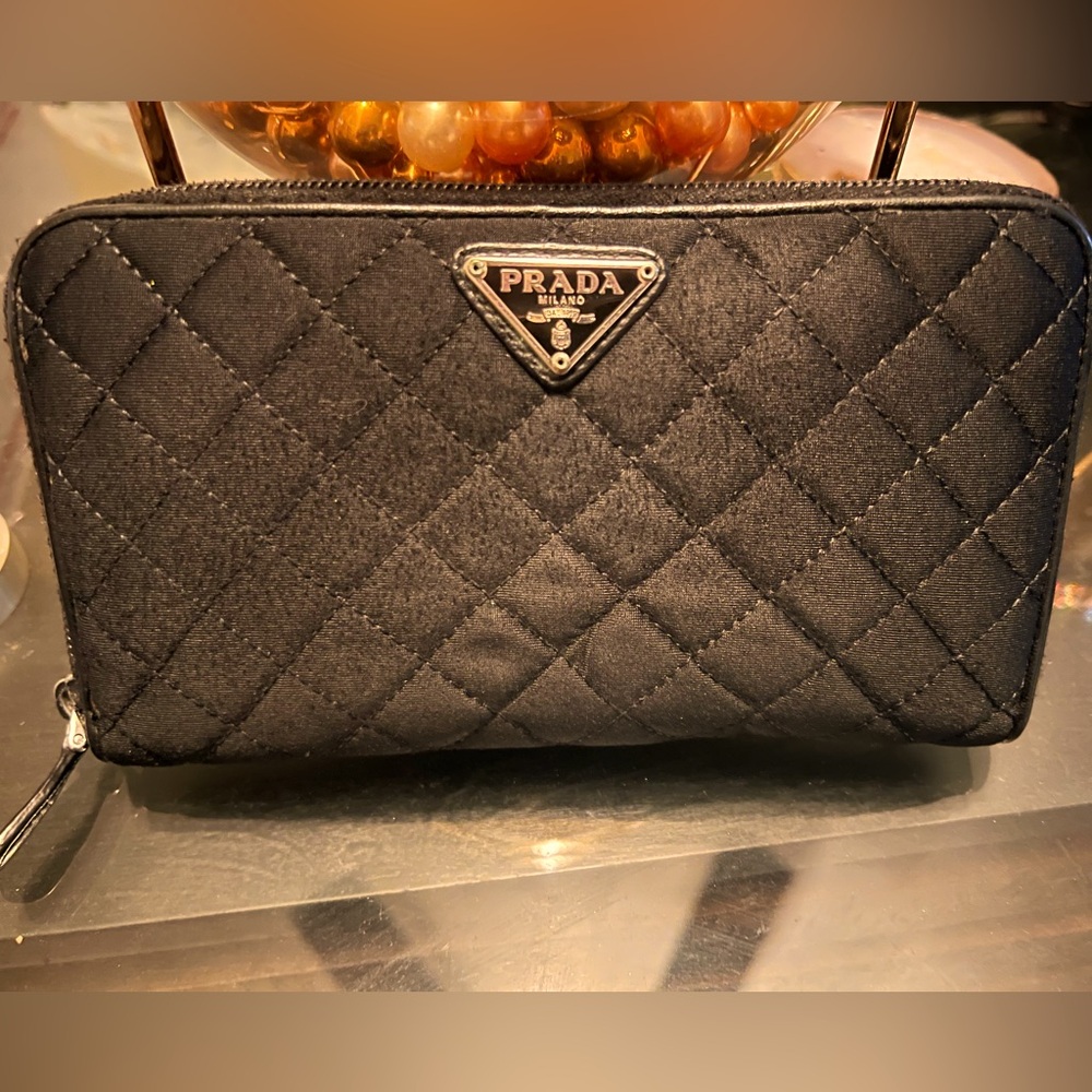 Prada Nylon Black Quilted Zip Around Wallet GUC